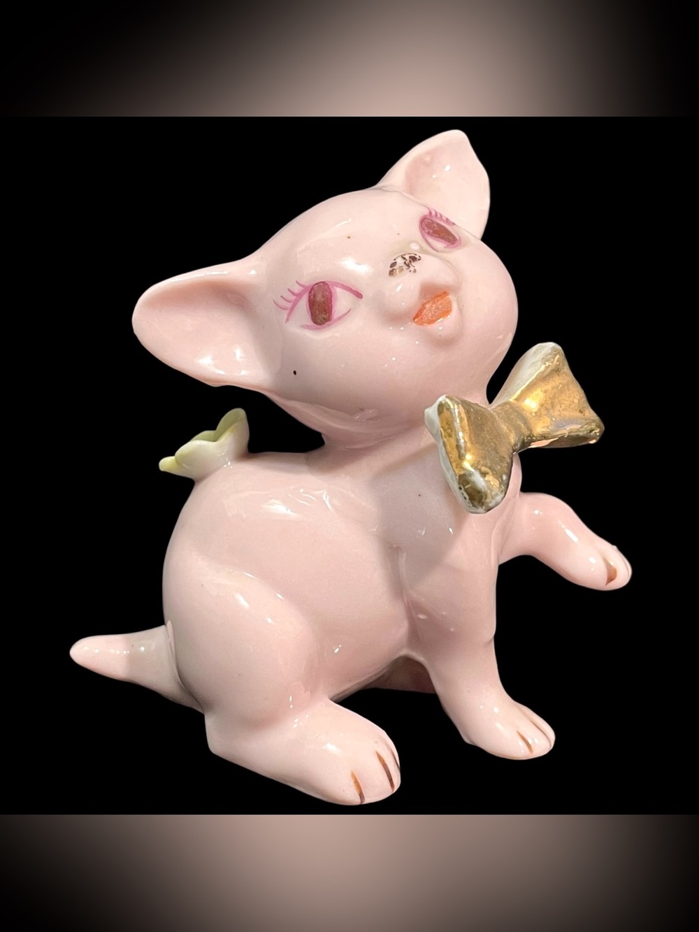 Vintage 1950s Lefton Kitschy Pink Porcelain Kitty Cat Figurine with Golden Bow